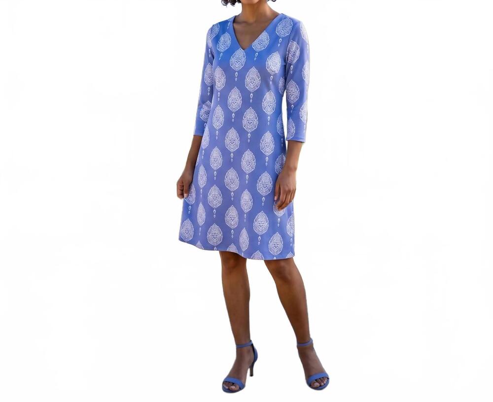 NEW KATHERINE WAY brisbane v neck dress in taj mahal block print periwinkle and